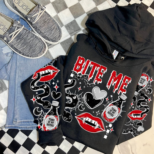 BITE ME- FRONT & DOUBLE SLEEVE DESIGN HOODIE